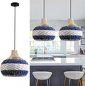3-Light Rattan Pendant Light 15in Blue White Wicker Basket