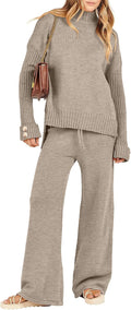 Women's 2 Piece Knit Sweater Lounge Set - Loose Fit Wide Leg Tracksuit