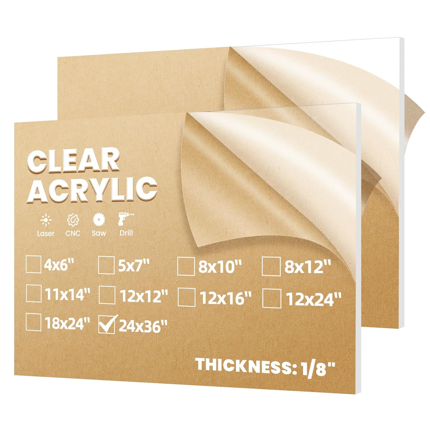 Plexiglass Sheets 1/8in Thick - 2 Pack of 24x36 Clear Acrylic