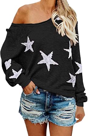 COCOLEGGINGS Women's Scoop Neck Long Sleeve Star Pullover Sweater