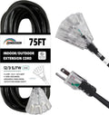 3-Outlets Indoor Outdoor Extension Cord Weatherproof 75FT - Heavy Duty