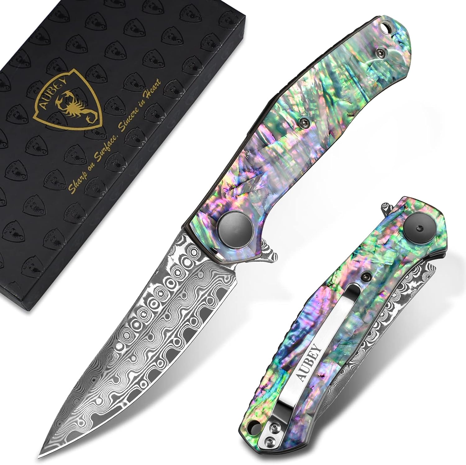 AUBEY Damascus Pocket Knife with Abalone Shell Handle for EDC