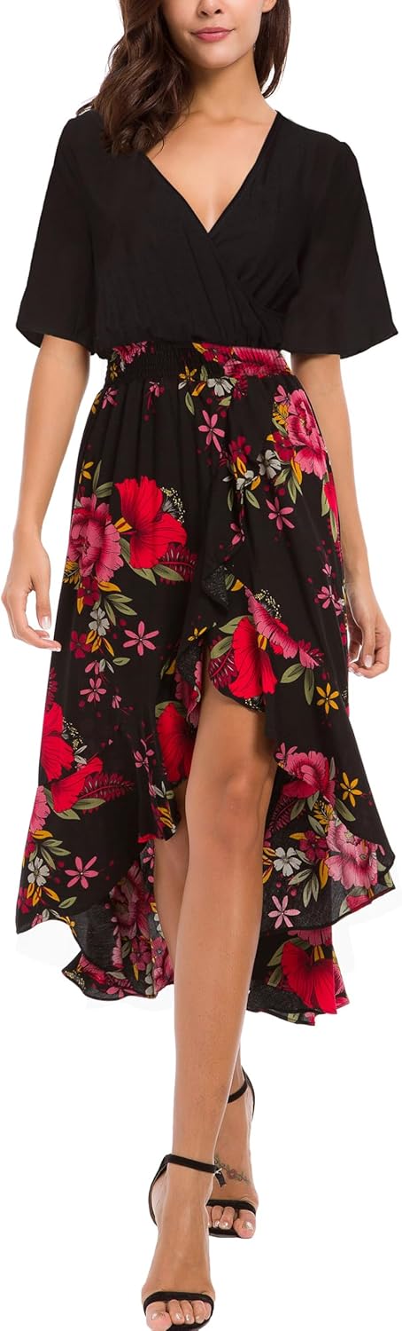 Kormei Womens Floral Maxi Dress High Low V-Neck for Parties