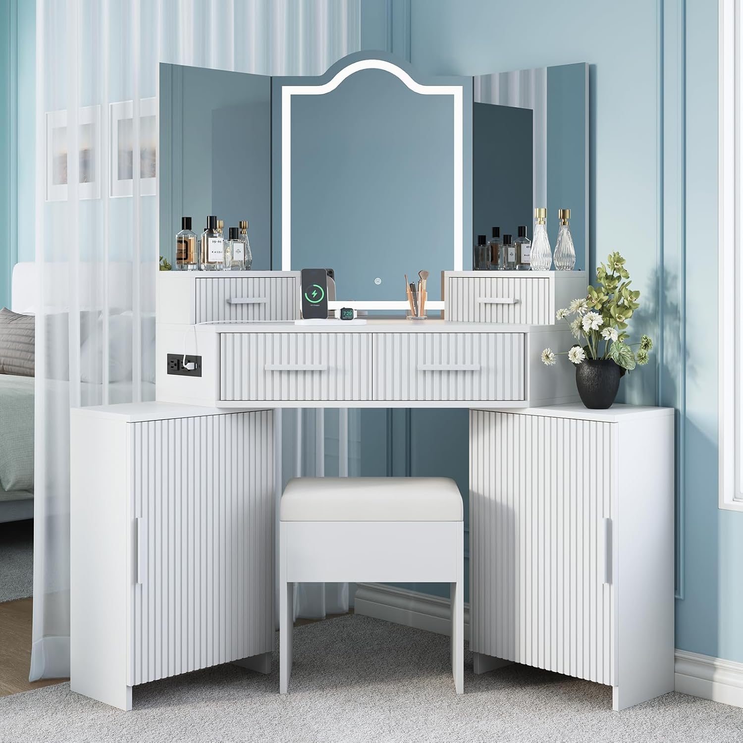 FURSUN Fluted Makeup Vanity Desk with 3 Way Mirror & Lights