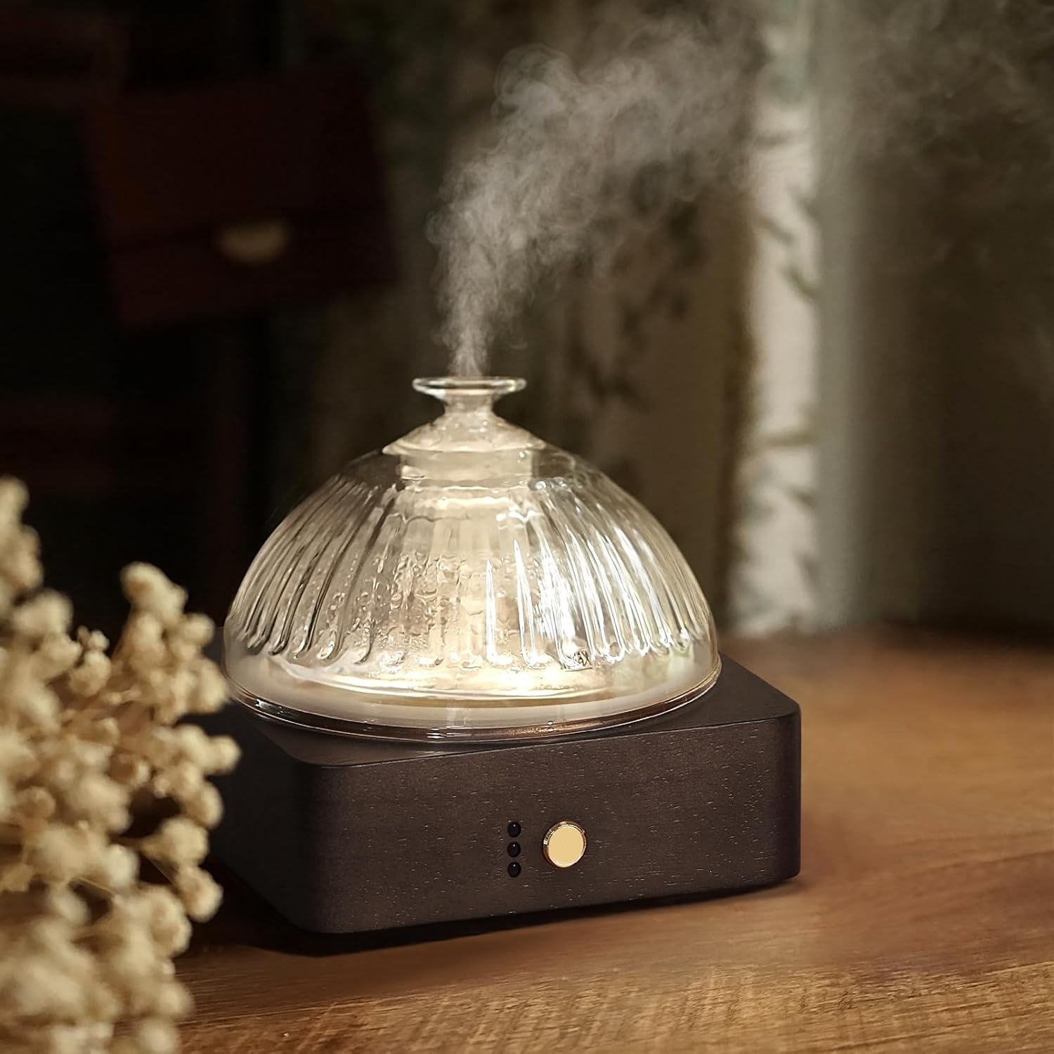 Glass Dome Essential Oil Diffuser with Wood Base for Aromatherapy