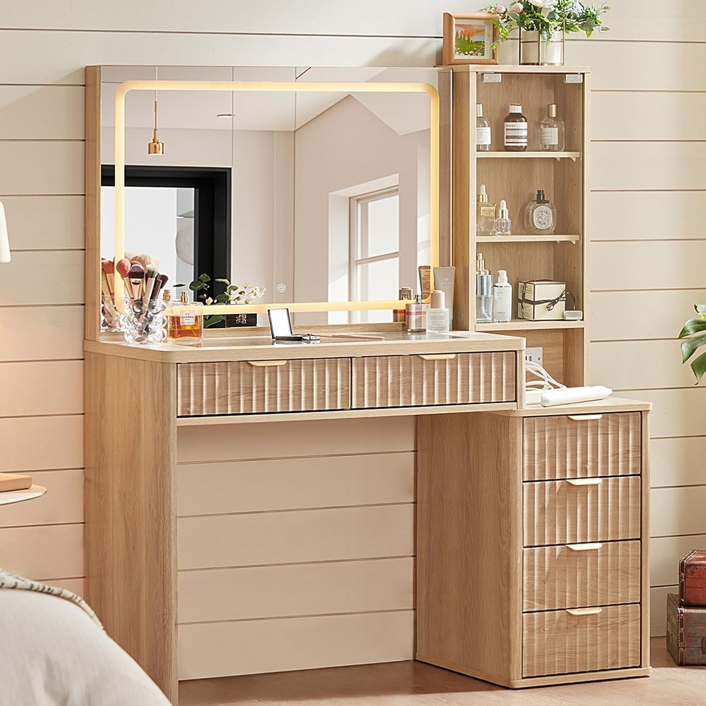 Fluted Vanity Desk with Lights & Power Outlet