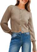 Cropped Cardigan Sweater - Lightweight Crew Neck Puff Sleeve