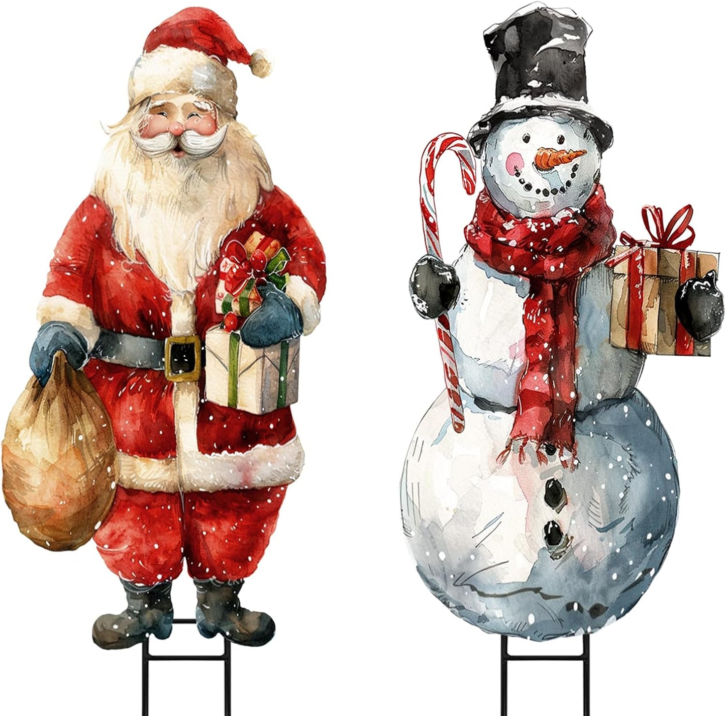 Large Rustic Santa Claus and Snowman Yard Metal Stakes for Christmas