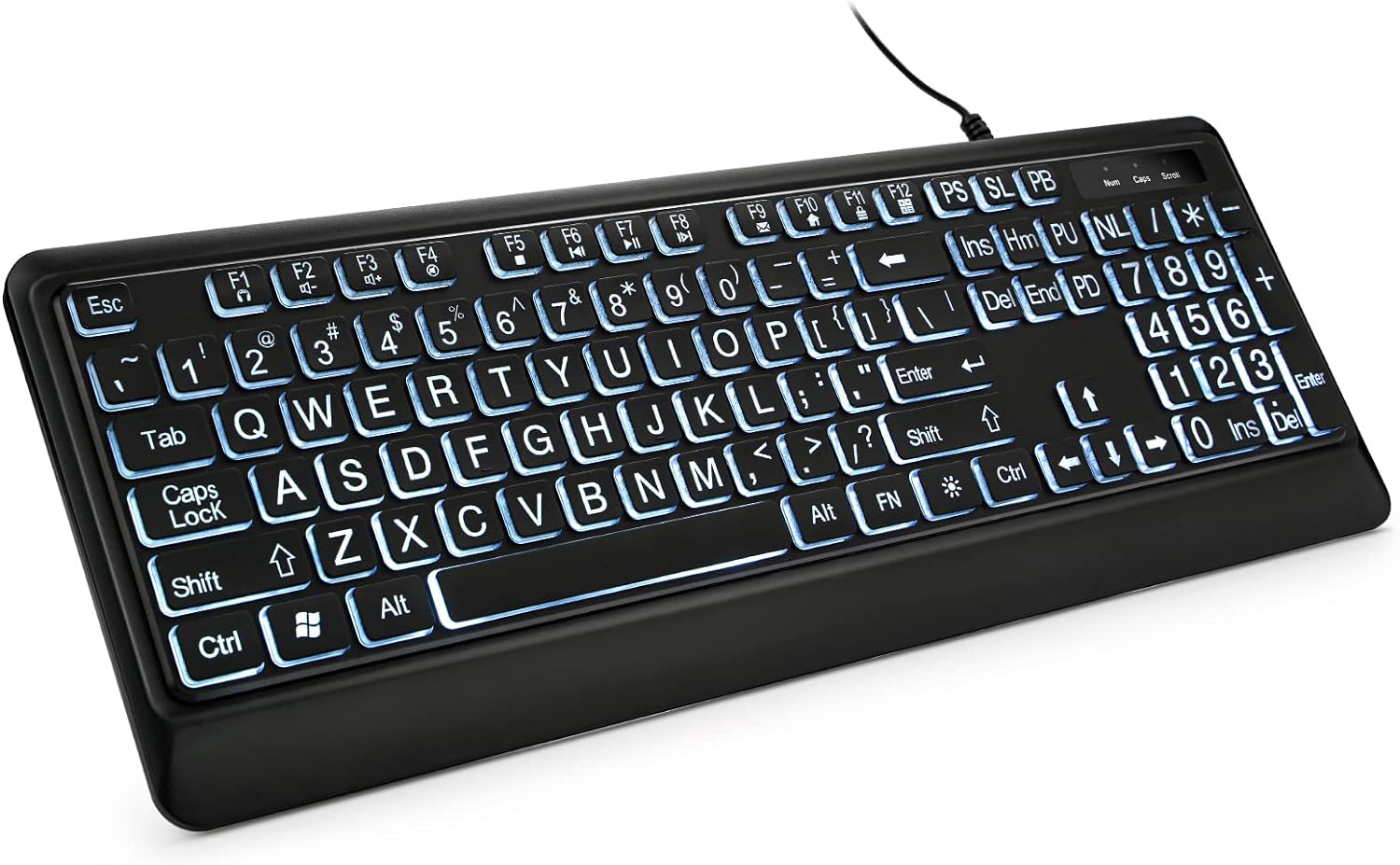 Quiet Backlit USB Keyboard: Large Print, White LED, Windows PC Gaming