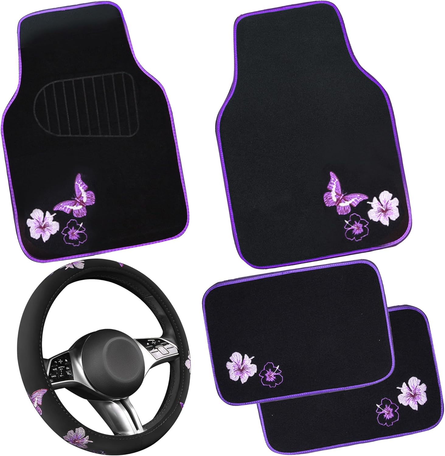 CAR PASS Butterfly Steering Wheel Cover and Car Floor Mats Set