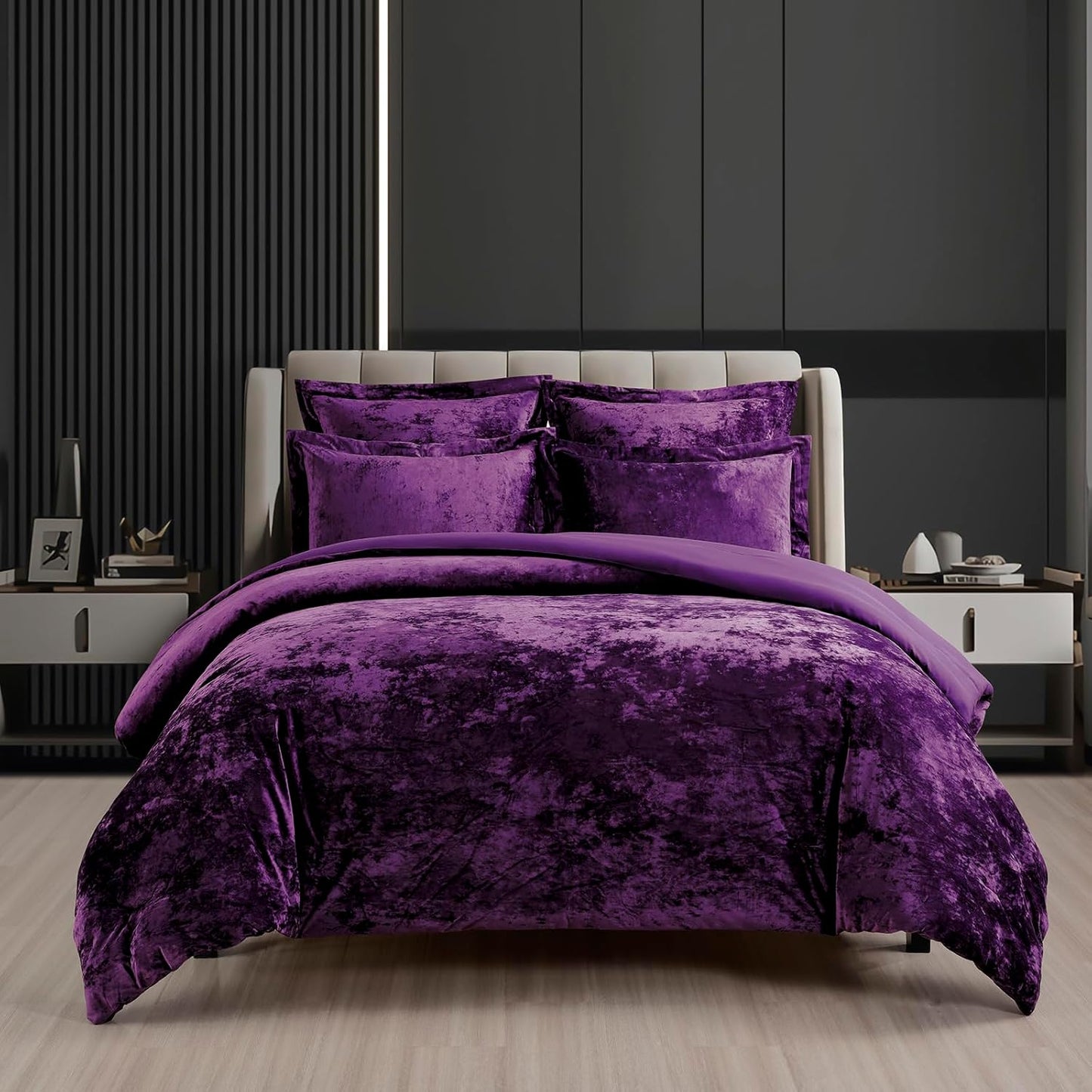 Distressed Velvet Comforter Set, 5 Pieces Dark Purple King