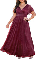 Plus Size Women's Sequin & Chiffon V Neck Flutter Sleeve Formal Dress