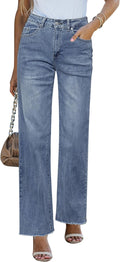 GRAPENT Straight Leg Jeans High Waisted Stretchy Raw Hem