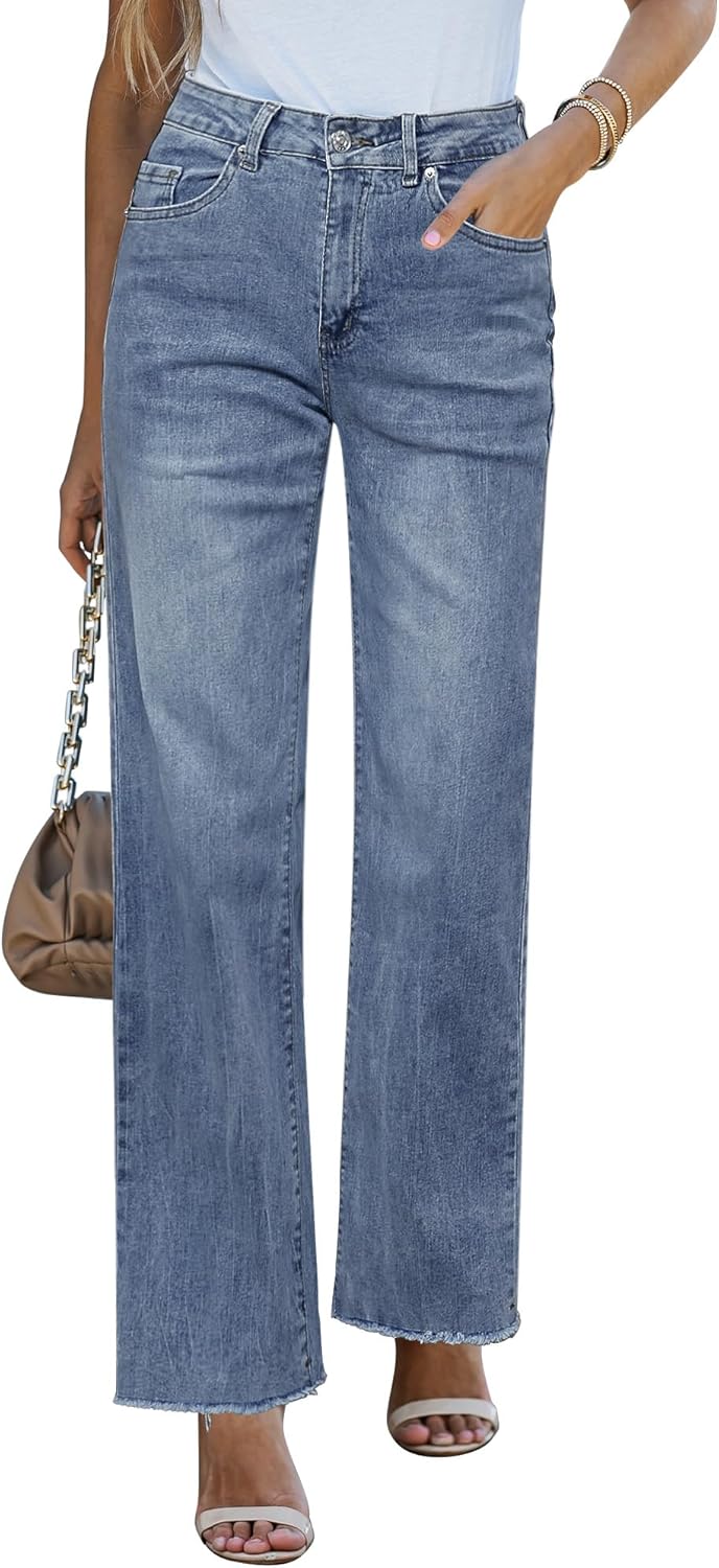 High Waisted Straight Leg Jeans for Women with Frayed Hem