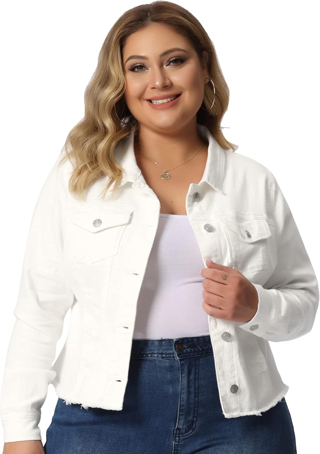 Classic Washed Frayed Denim Jacket for Plus Size Women