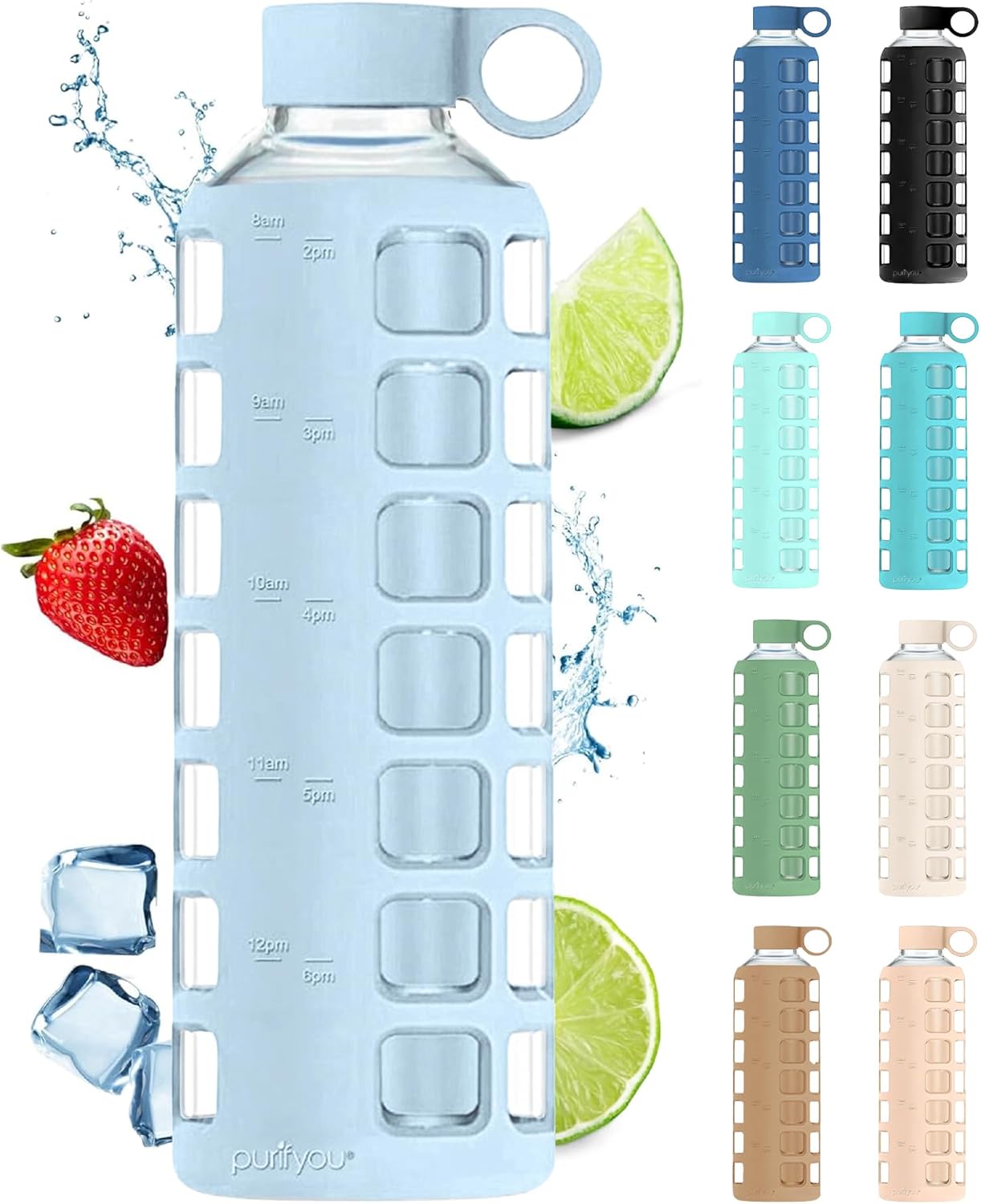40oz Borosilicate Glass Water Bottle with Time Markers for Hydration