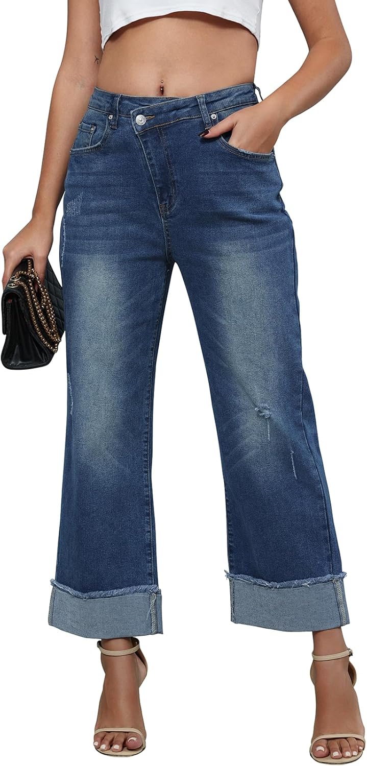 Genleck Wide Leg Cropped Jeans for Women - Trendy High Waisted