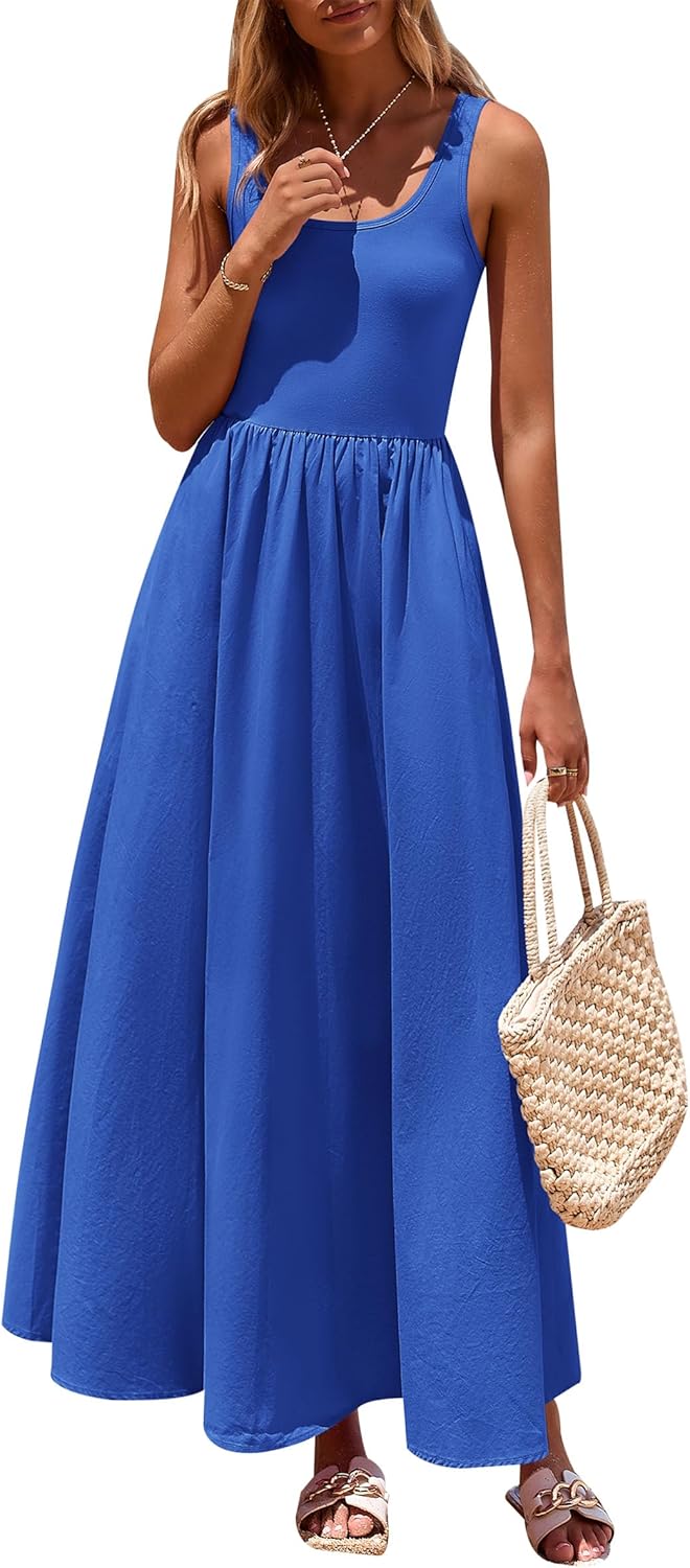 Womens Summer Casual Scoop Neck Sleeveless Long Dresses