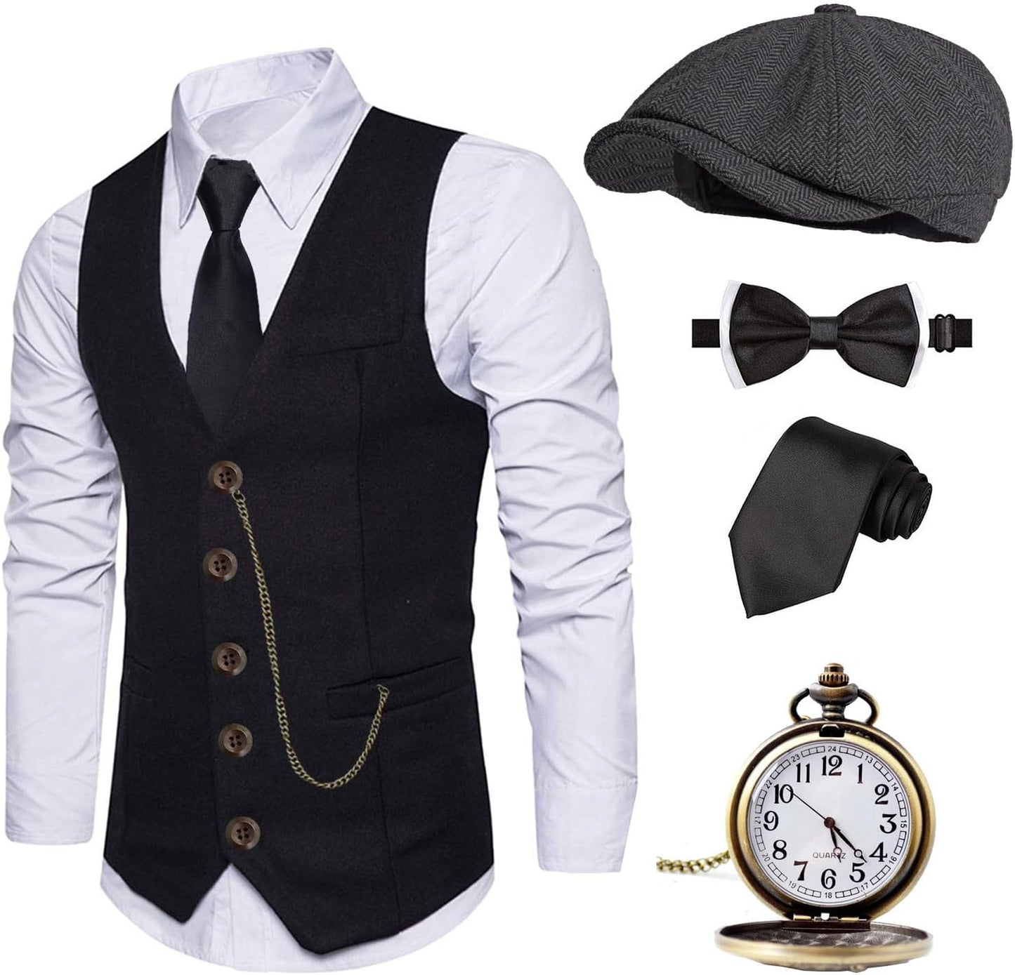 1920s Mens Costume Fedora Hat and Vintage Accessories Set