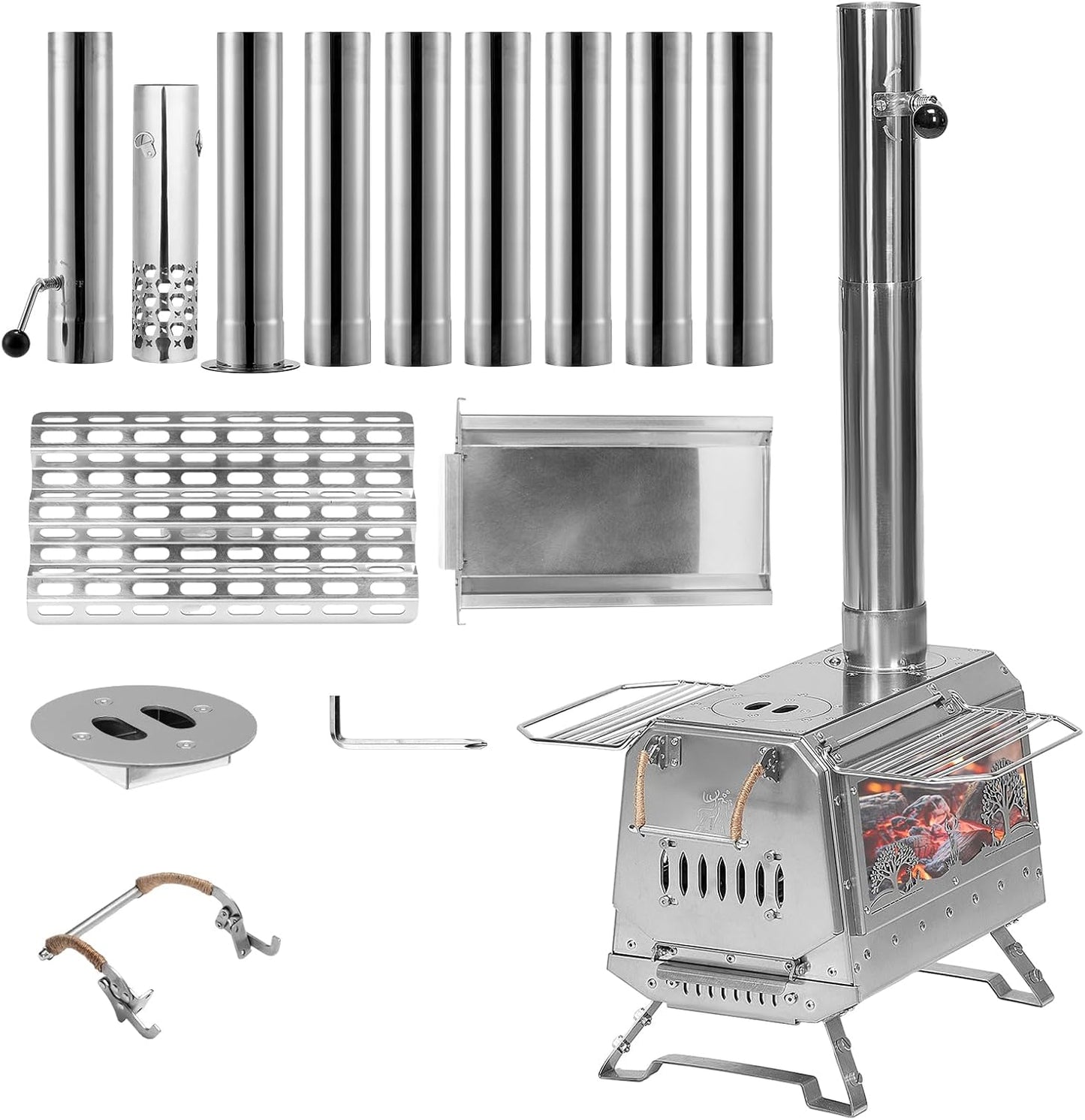 DEERFAMY Stainless Steel Portable Tent Stove - 9-Pipe Outdoor Heating