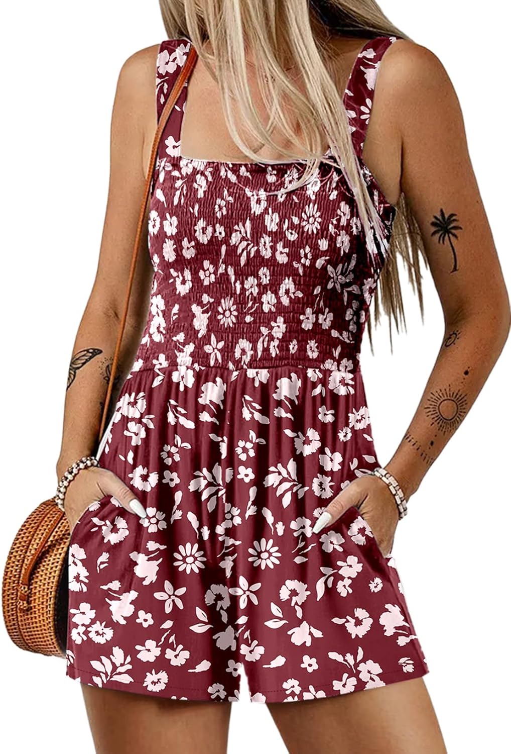 Dokotoo Women's Summer Casual Smocked Rompers for Beach Fun