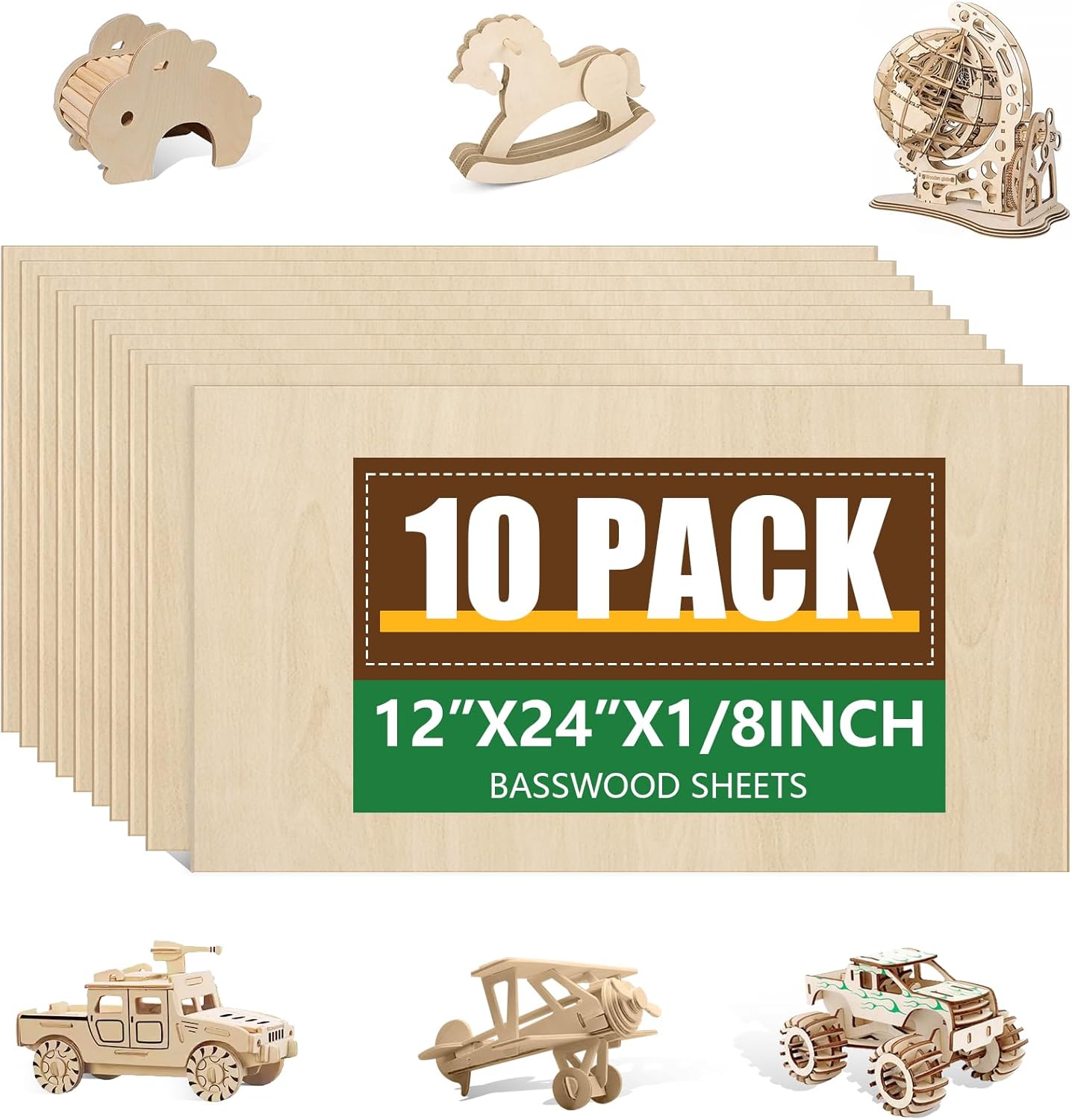 10 Pack Basswood Sheets for Crafts, Laser Cutting & Engraving