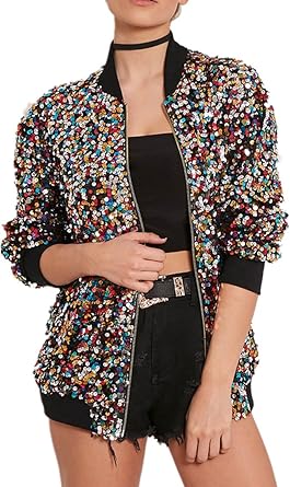 Cresay Women's Sequin Fitted Long Sleeve Zipper Blazer Jacket