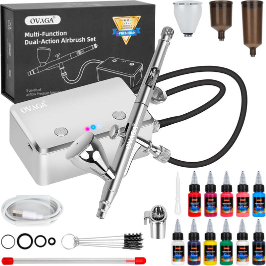 Portable Dual-Action Airbrush Kit with 11 Colors Paint Set