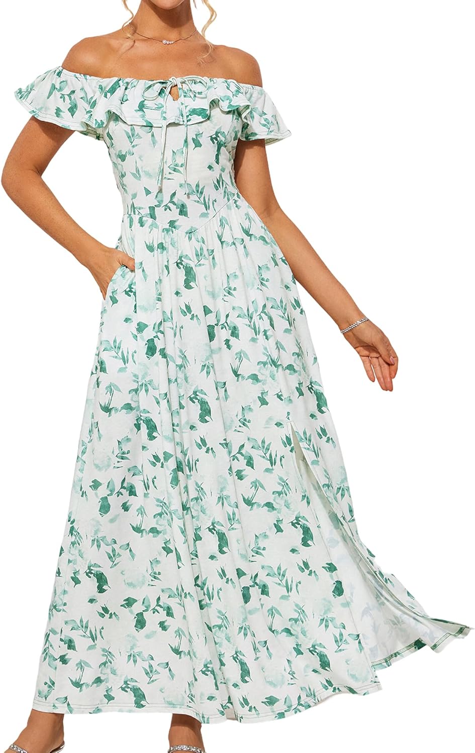 2025 Womens Maxi Dresses Off Shoulder Floral Ruffle Beach Dress