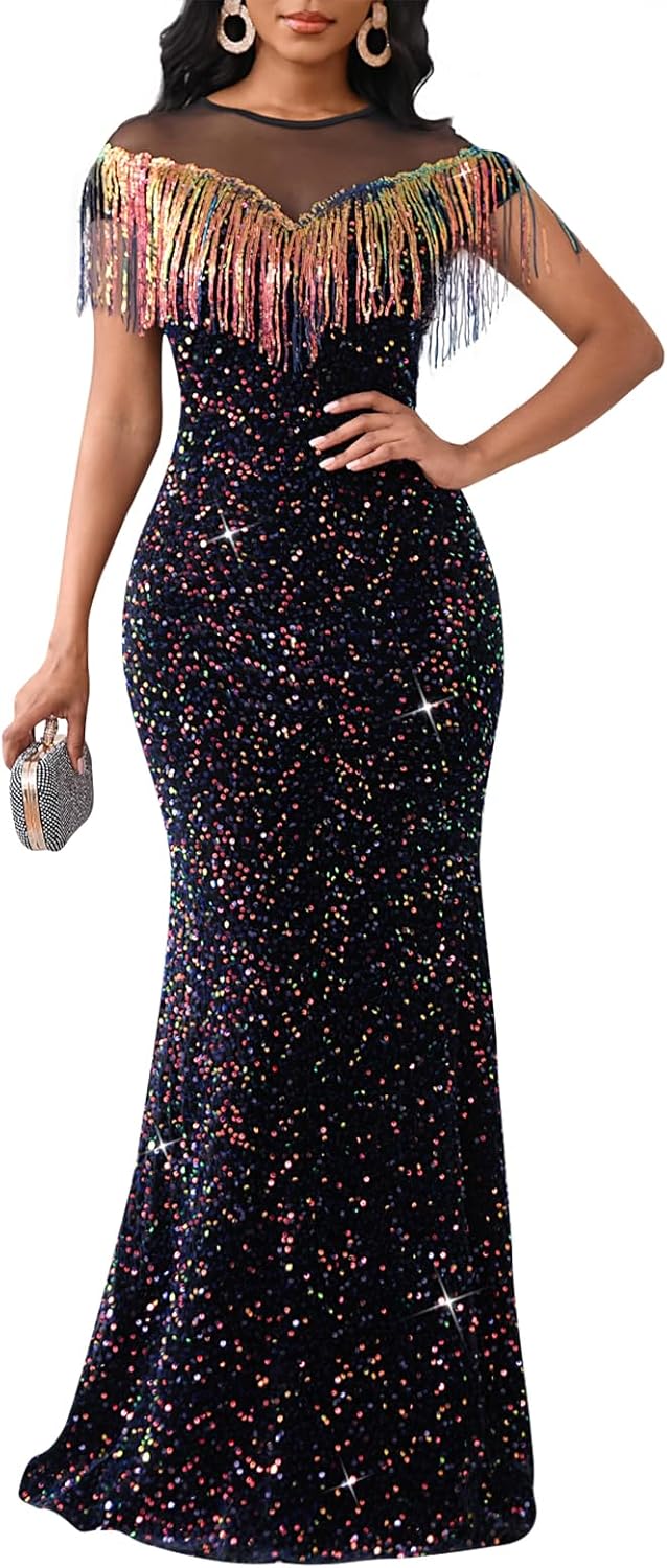 Cololura Sexy Sequin Tassel Mesh Perspective Party Dress