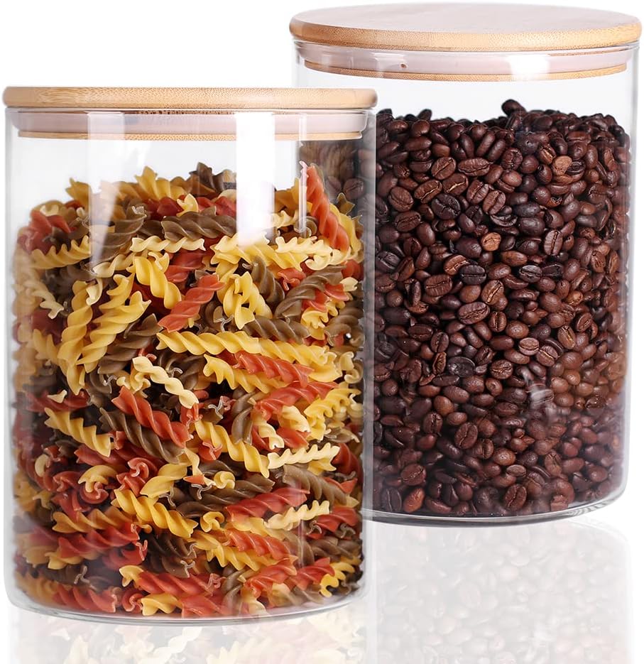 Set of 2 Large Glass Flour Containers with Airtight Bamboo Lid