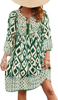 Qearal Womens Casual V Neck 3/4 Sleeve Boho Floral Mini (Style LF9M)