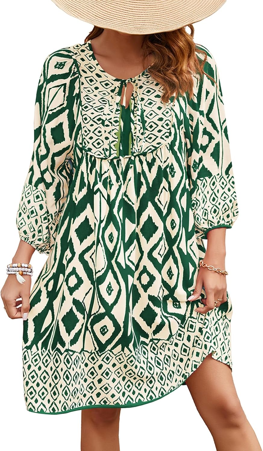 Qearal Womens Casual V Neck Boho Floral Printed Summer Dress