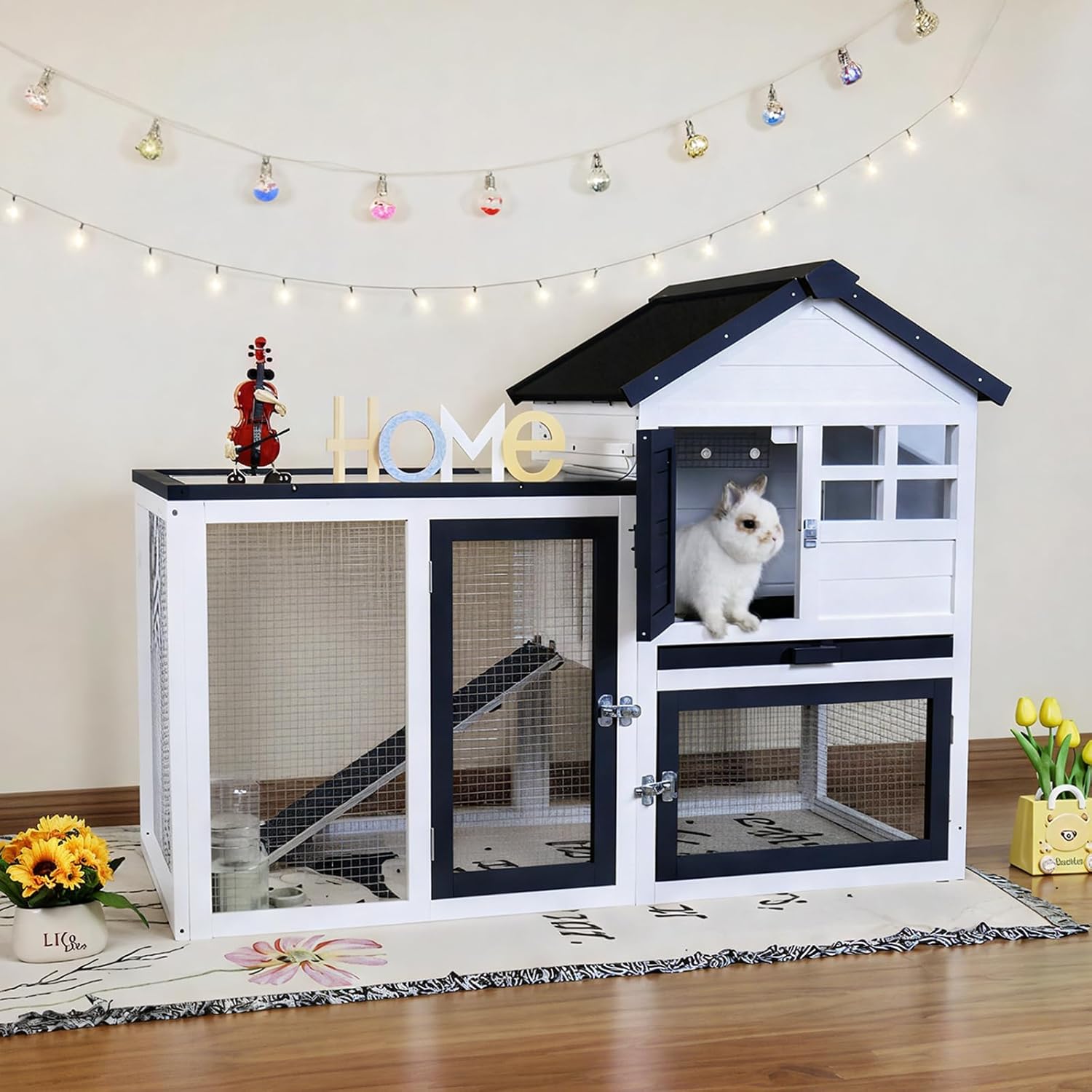 Rabbit Hutch Bunny Cage Indoor Outdoor with Chew Resistant Ramp
