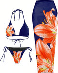 Floral Halter Triangle Bikini Set with Sheer Cover Up - Stylish ZAFUL