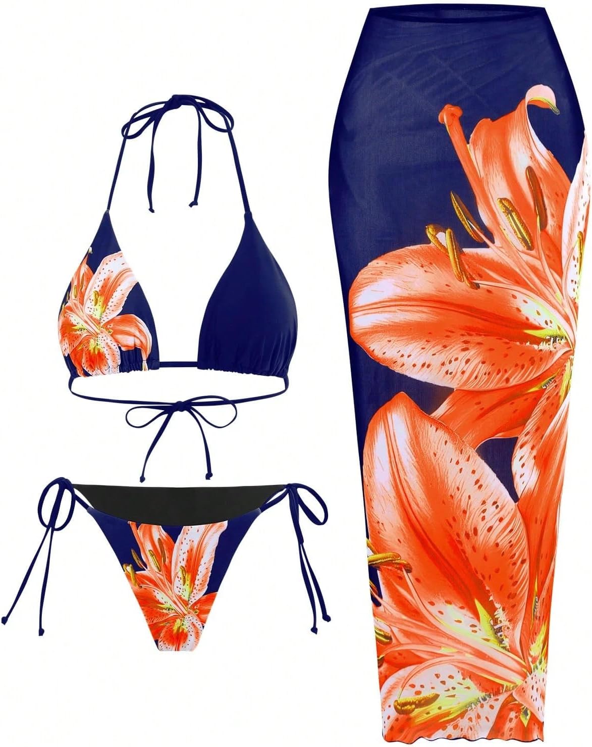 ZAFUL Womens 3pcs Swimsuit Floral Halter Triangle Bikini Set