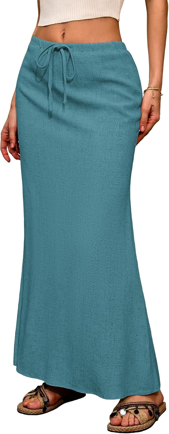 ELLEVEN Linen Flared Maxi Skirt with Back Slit for Summer Style