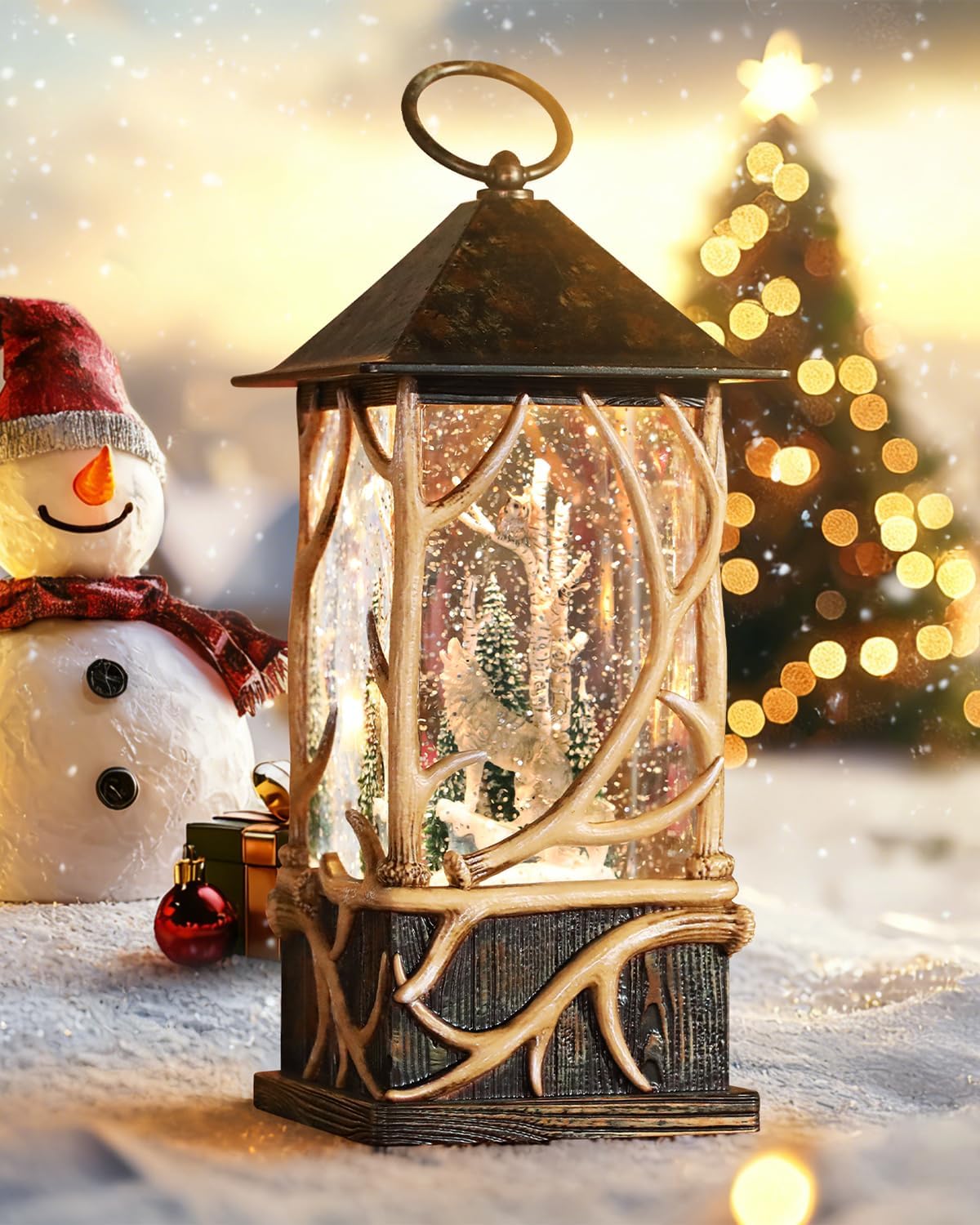 Christmas Snow Globe Lantern with Wolf and Owl for Decor