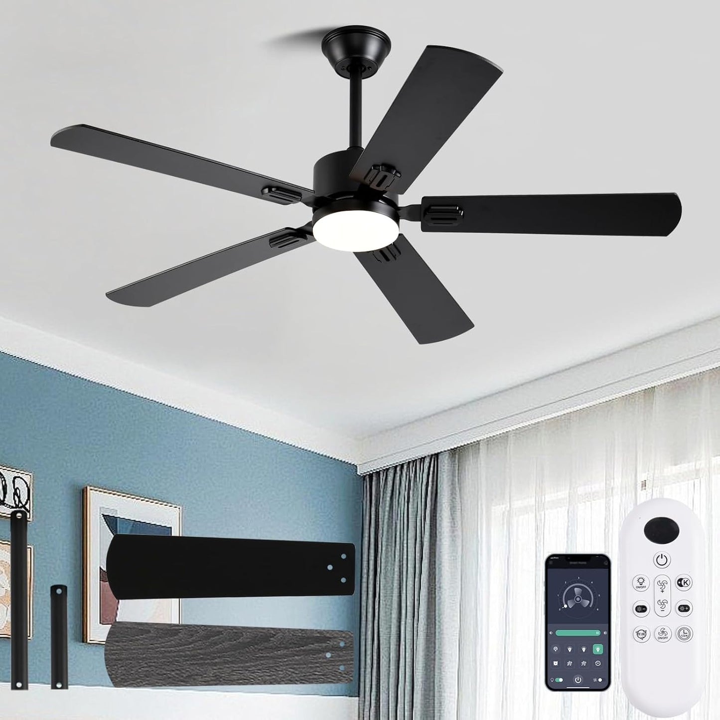 56 Inch Black Ceiling Fan with Lights and Remote Control Features