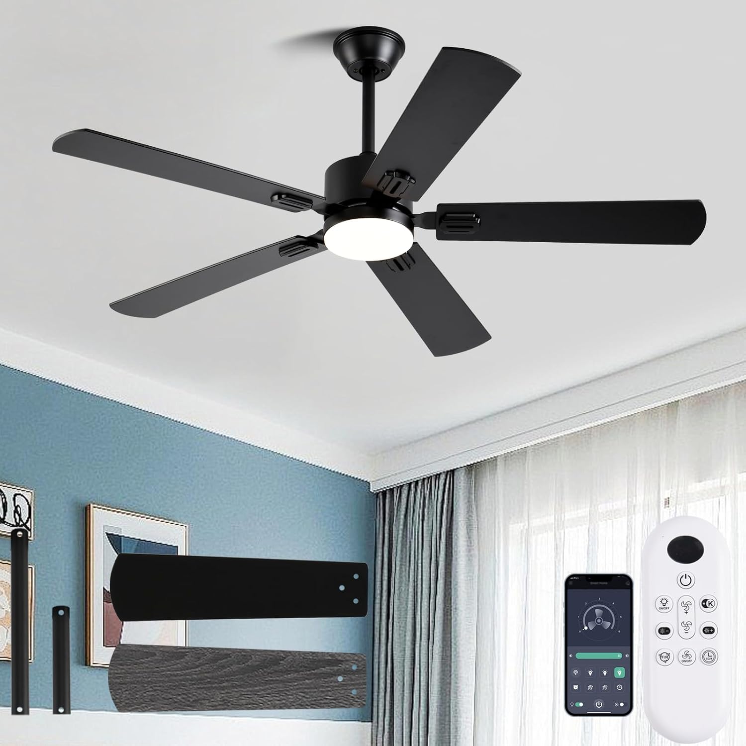 56 Inch Black Ceiling Fan with Lights and Remote Control Features