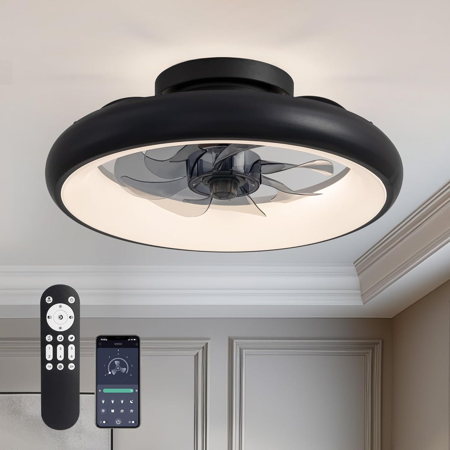 Ceiling Fan with Lights, 15in Flush Mount, Black Low Profile