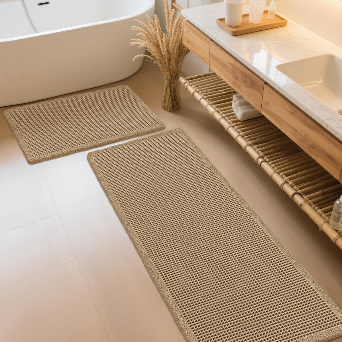 Waffle Bath Mat Set 2 Piece Beige for Modern Bathroom Decor