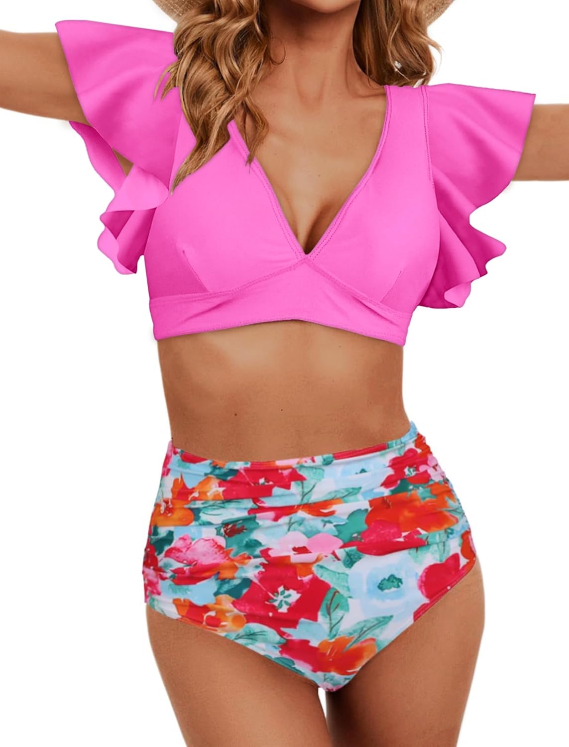 Soucrat Women Ruffle High Waisted Swimsuit for Summer