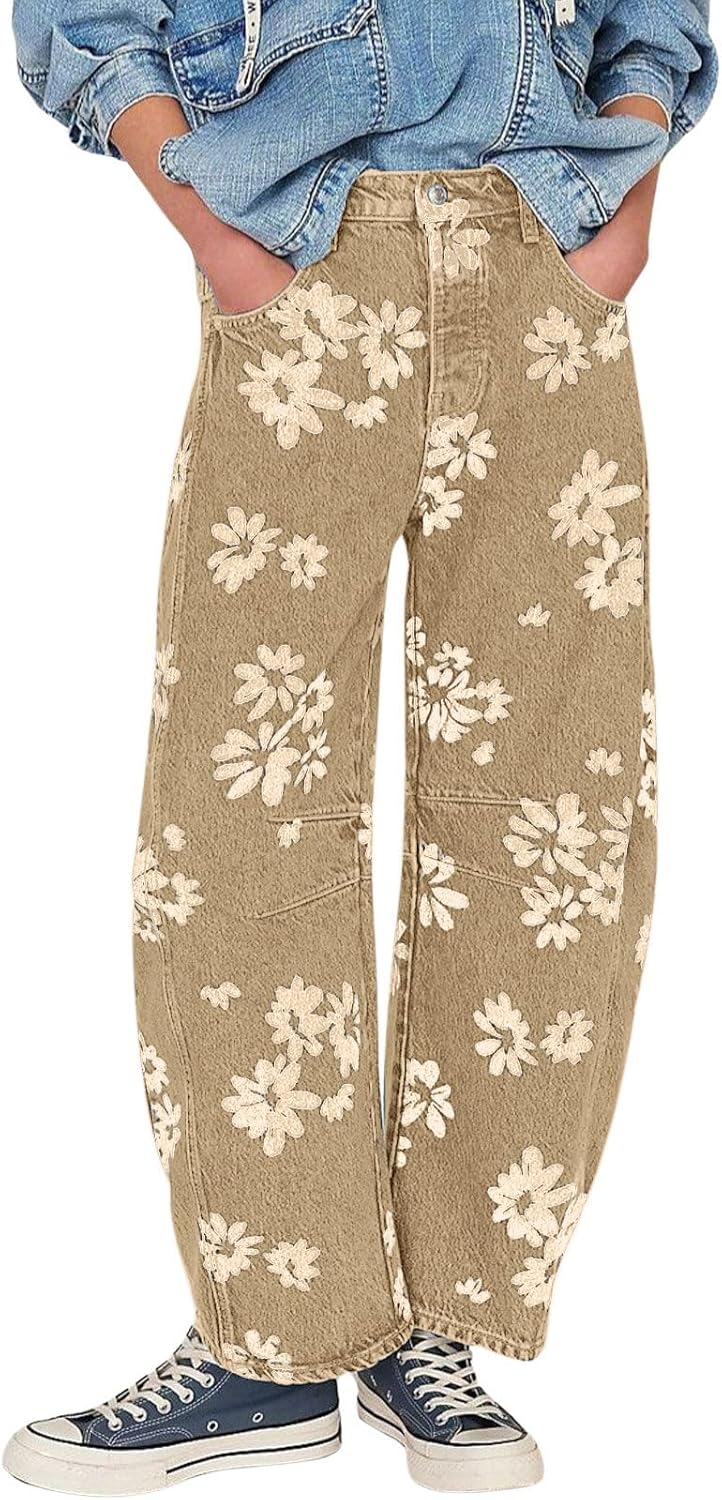Y2k Distressed Barrel Jeans for Women - Floral Printed Baggy Style