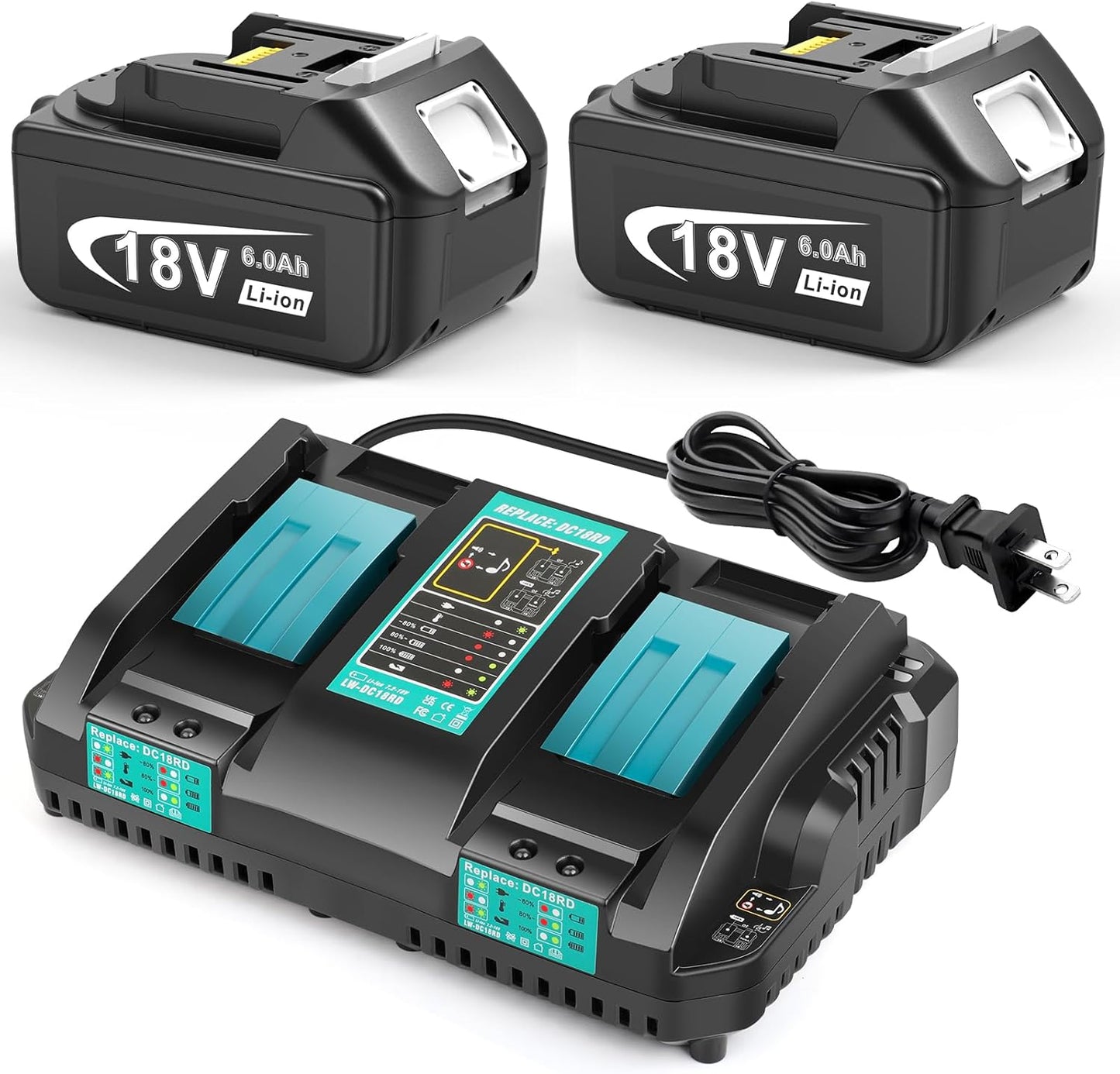 18V 6.0Ah Replace Battery for Makita with Dual Ports Charger