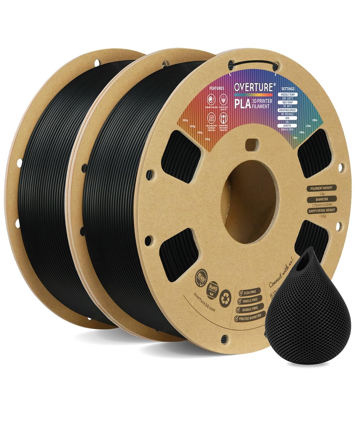 OVERTURE PLA Filament 1.75mm for 3D Printing - 2kg Black Pack