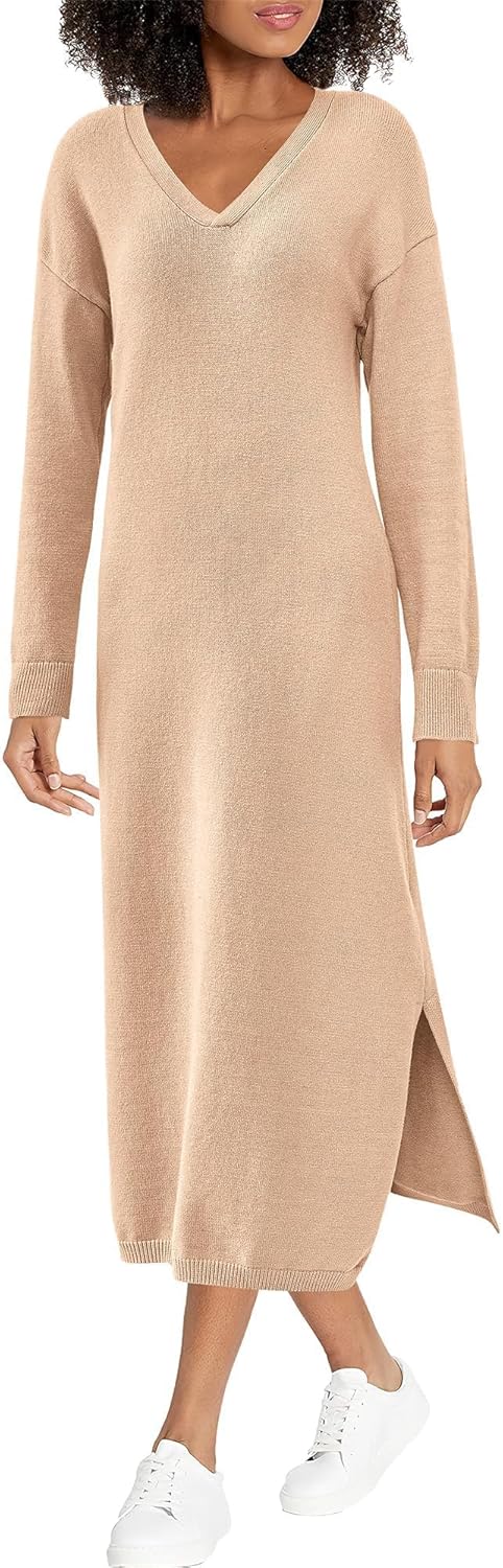 BTFBM Womens Fall Fashion Sweater Dress Casual V Neck Maxi