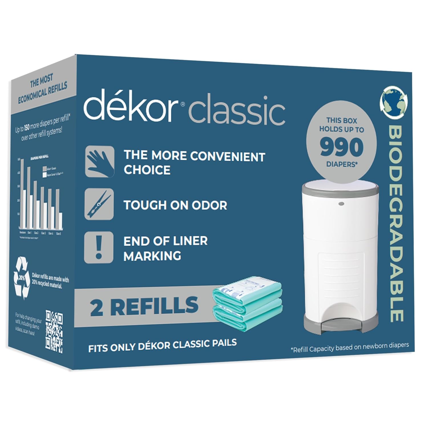 Diaper Dekor Classic Pail Biodegradable Refills for Easy Use