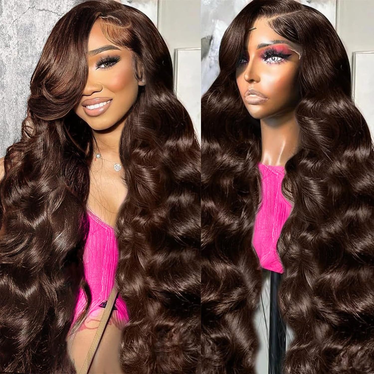 Chocolate Brown Lace Front Wig Human Hair 28 Inch Body Wave