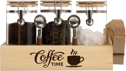 Glass Coffee Canister Set with Shelf & Spoons for Kitchen Use